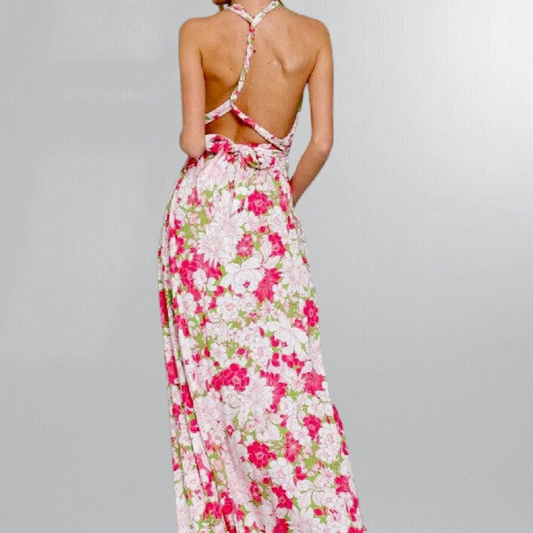 Bohemian Floral Halter Criss Cross Backless Maxi Dress Posh Society Boutique Dresses Visit poshsocietyhb