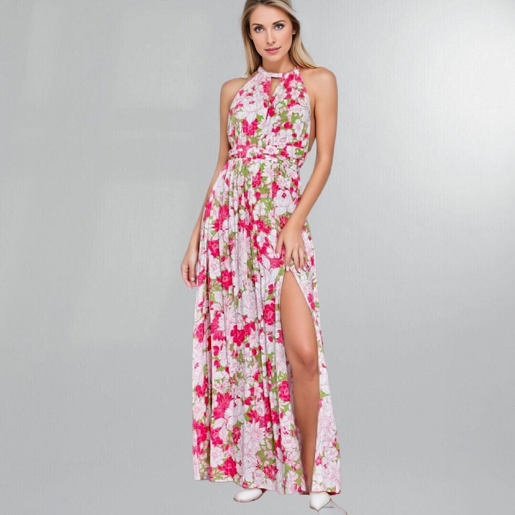 Bohemian Floral Halter Criss Cross Backless Maxi Dress Posh Society Boutique Dresses Visit poshsocietyhb