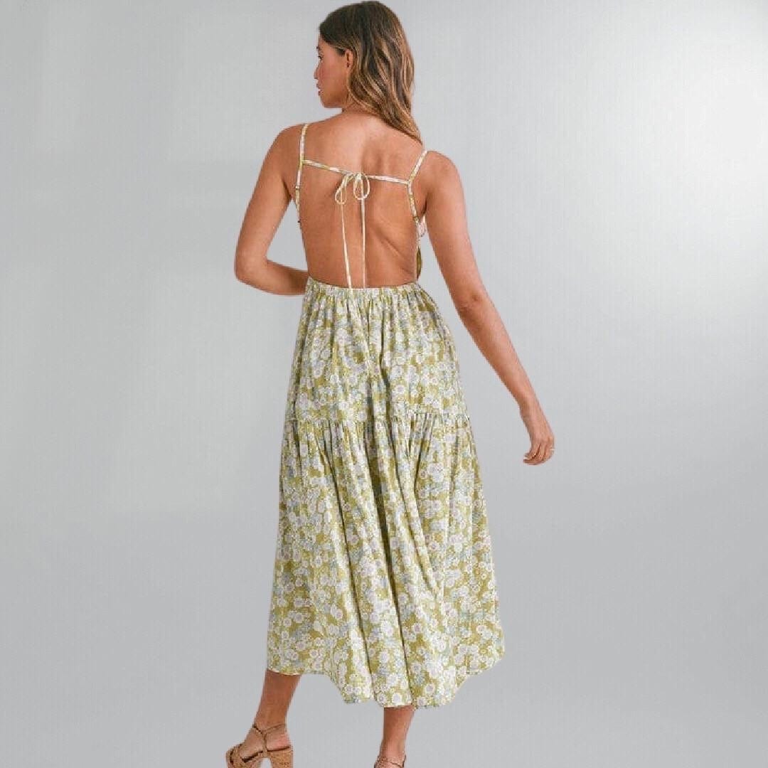 Boho Backless Floral Prairie Midi Dress Posh Society Boutique Dresses Visit poshsocietyhb