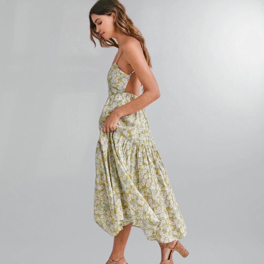 Boho Backless Floral Prairie Midi Dress Posh Society Boutique Dresses Visit poshsocietyhb