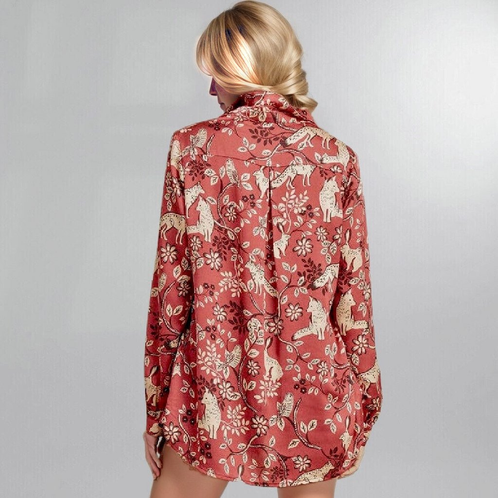 Classic Foxy Brown Button-Front Satin Blouse Posh Society Boutique Top Visit poshsocietyhb