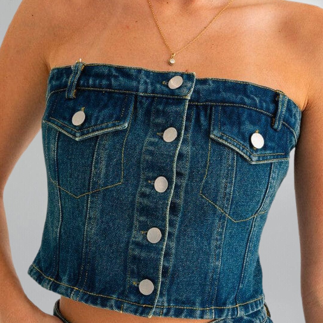 Denim Button-Front Bustier Crop Top Posh Society Boutique Top Visit poshsocietyhb