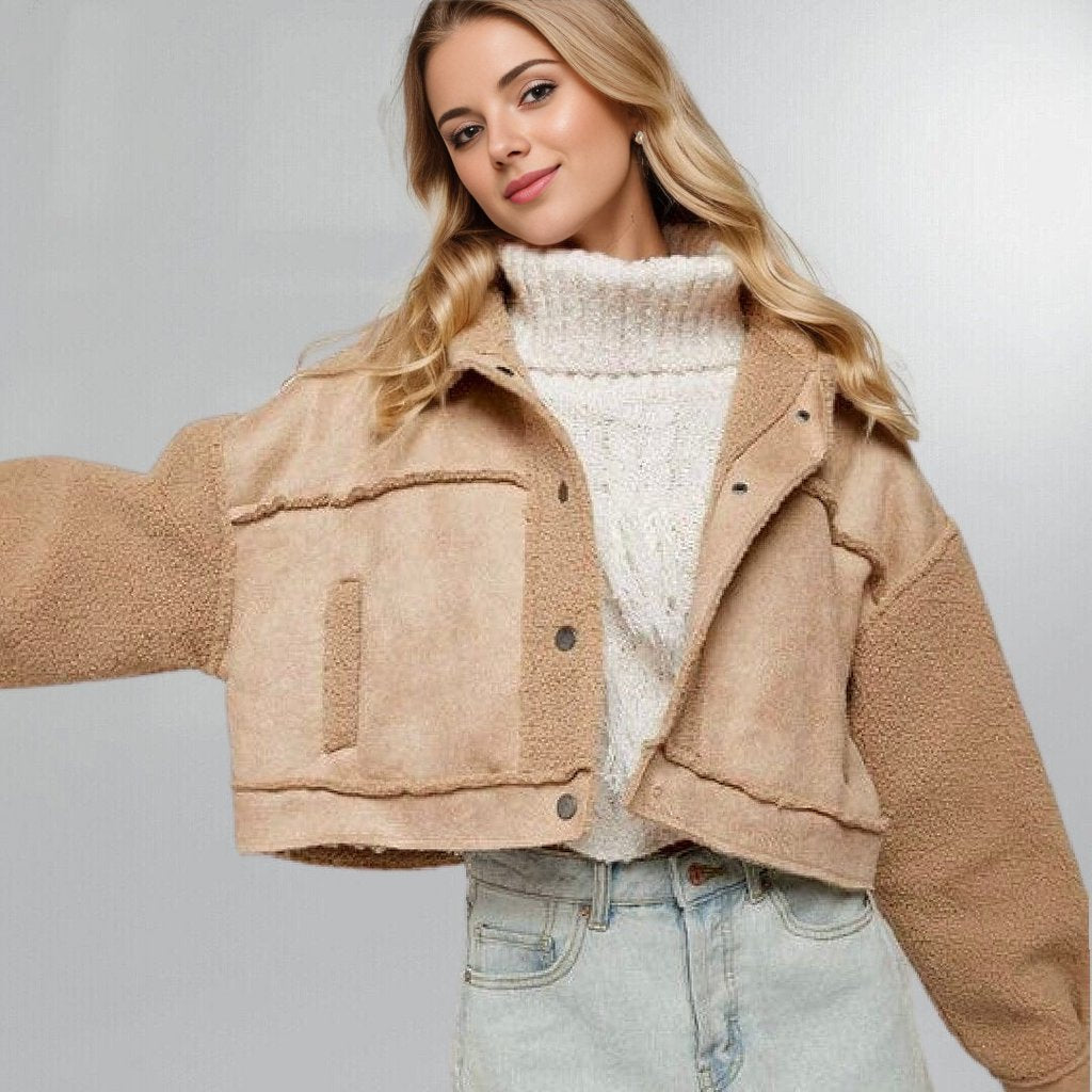 Faux Suede Cropped Sherpa Trucker Jacket (Large) Posh Society Boutique Jackets Visit poshsocietyhb