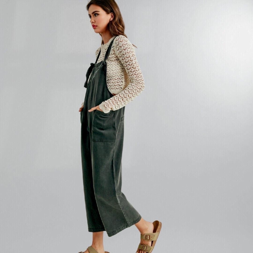 Relaxed Fit Cropped Wide Leg Tencel Overalls Posh Society Boutique Jumpsuits Visit poshsocietyhb