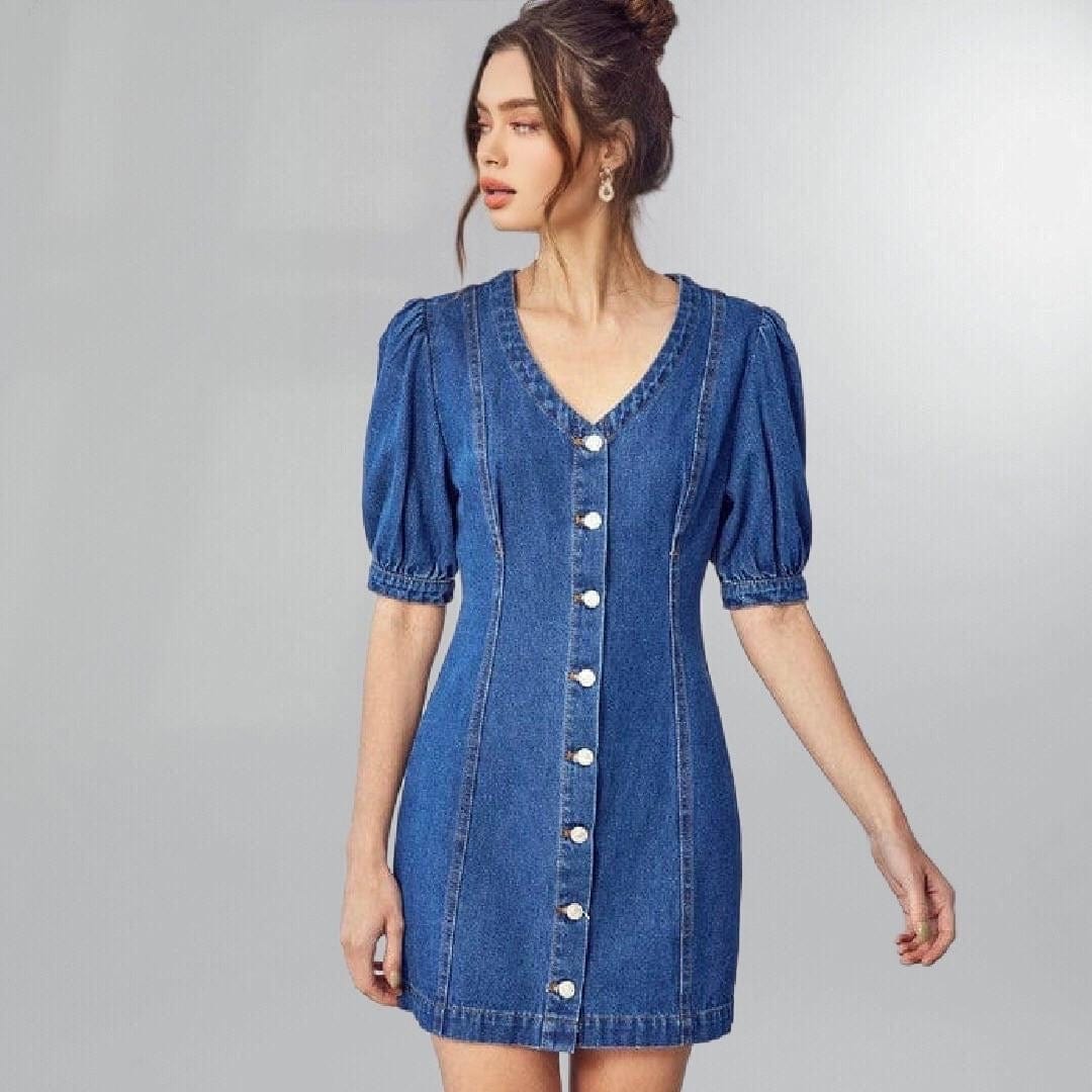 Puffy Sleeve Button-Front Denim Mini Shift Dress