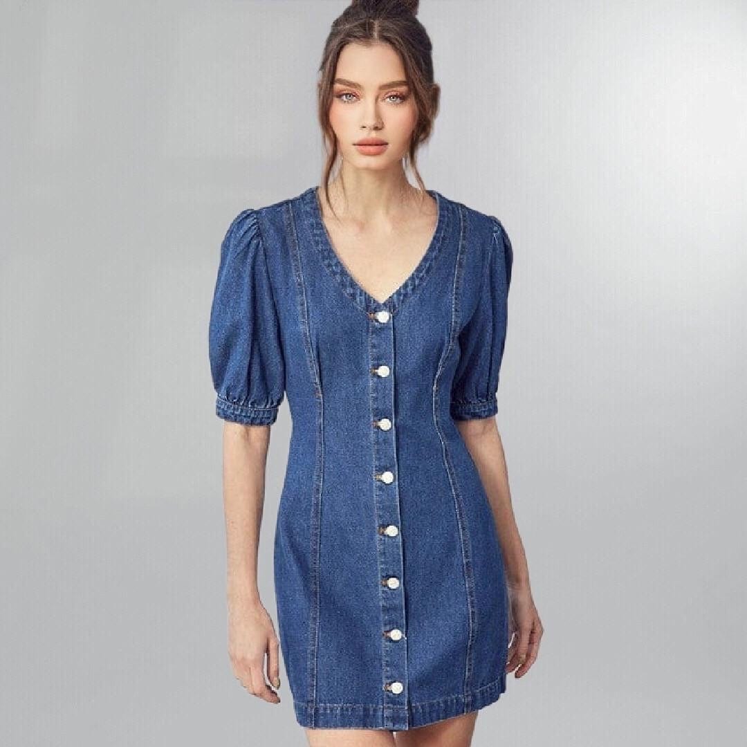 Short Puffy Sleeve Denim Dress Posh Society Boutique Dresses Visit poshsocietyhb