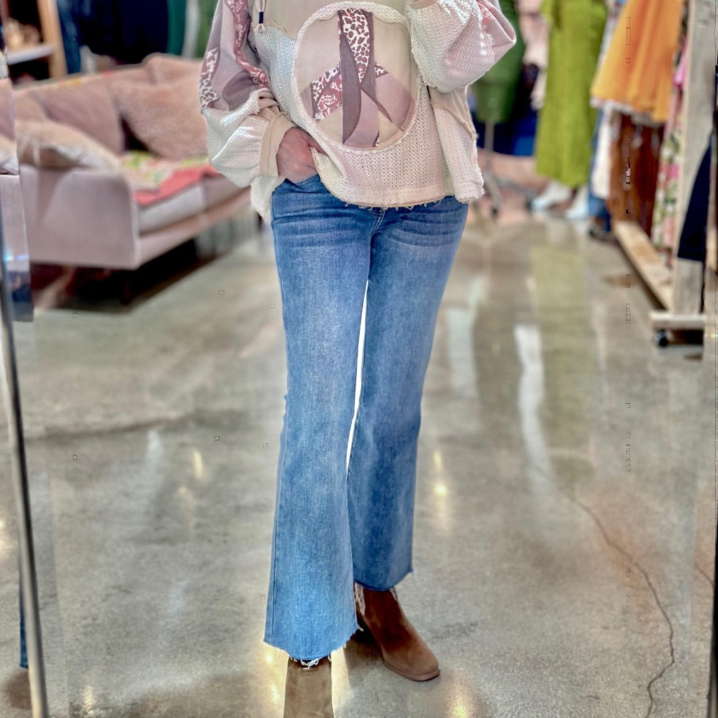 Stretchy High Rise Cropped Kick Flare Jeans Posh Society Boutique Jeans Visit poshsocietyhb