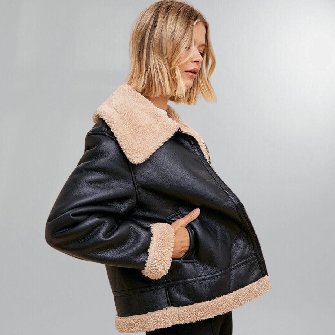 Stylish Vegan Leather Shearling Trimmed Jacket Posh Society Boutique Jackets Visit poshsocietyhb