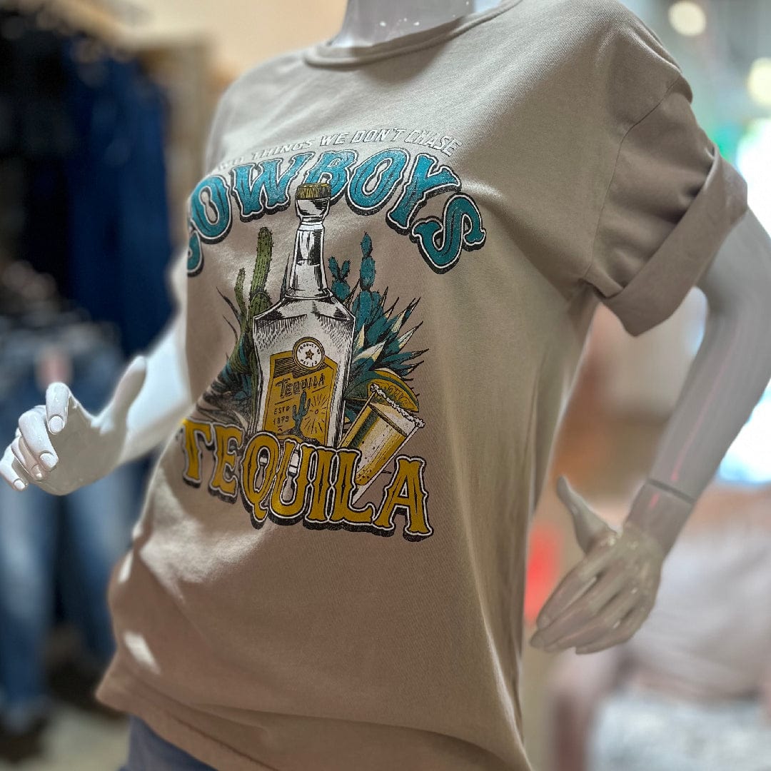 Two Things We Don't Chase Cowboys & Tequila Graphic Tee Shirt Top Posh Society Boutique Top Visit poshsocietyhb