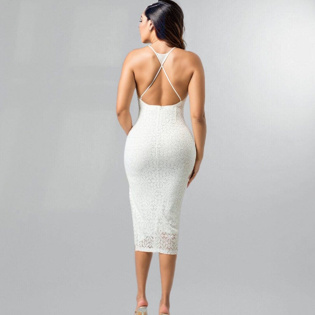 White Plunging V Backless Bodycon Bombshell Midi Cocktail Dress Posh Society Boutique Dresses Visit poshsocietyhb