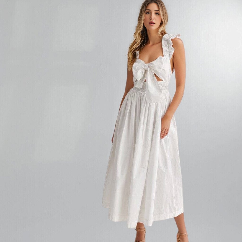 White Poplin Flirty Bow Front Midi Dress Posh Society Boutique Dresses Visit poshsocietyhb