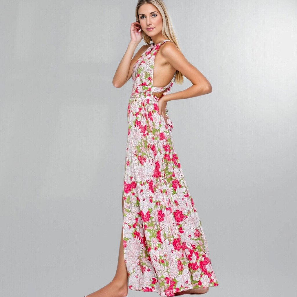 Bohemian Floral Halter Criss Cross Backless Maxi Dress Posh Society Boutique Dresses Visit poshsocietyhb