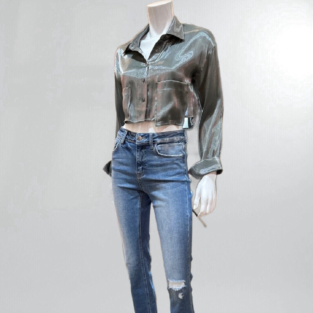Chic Shimmery Olive Metallic Cropped Top Jacket Posh Society Boutique Top Visit poshsocietyhb