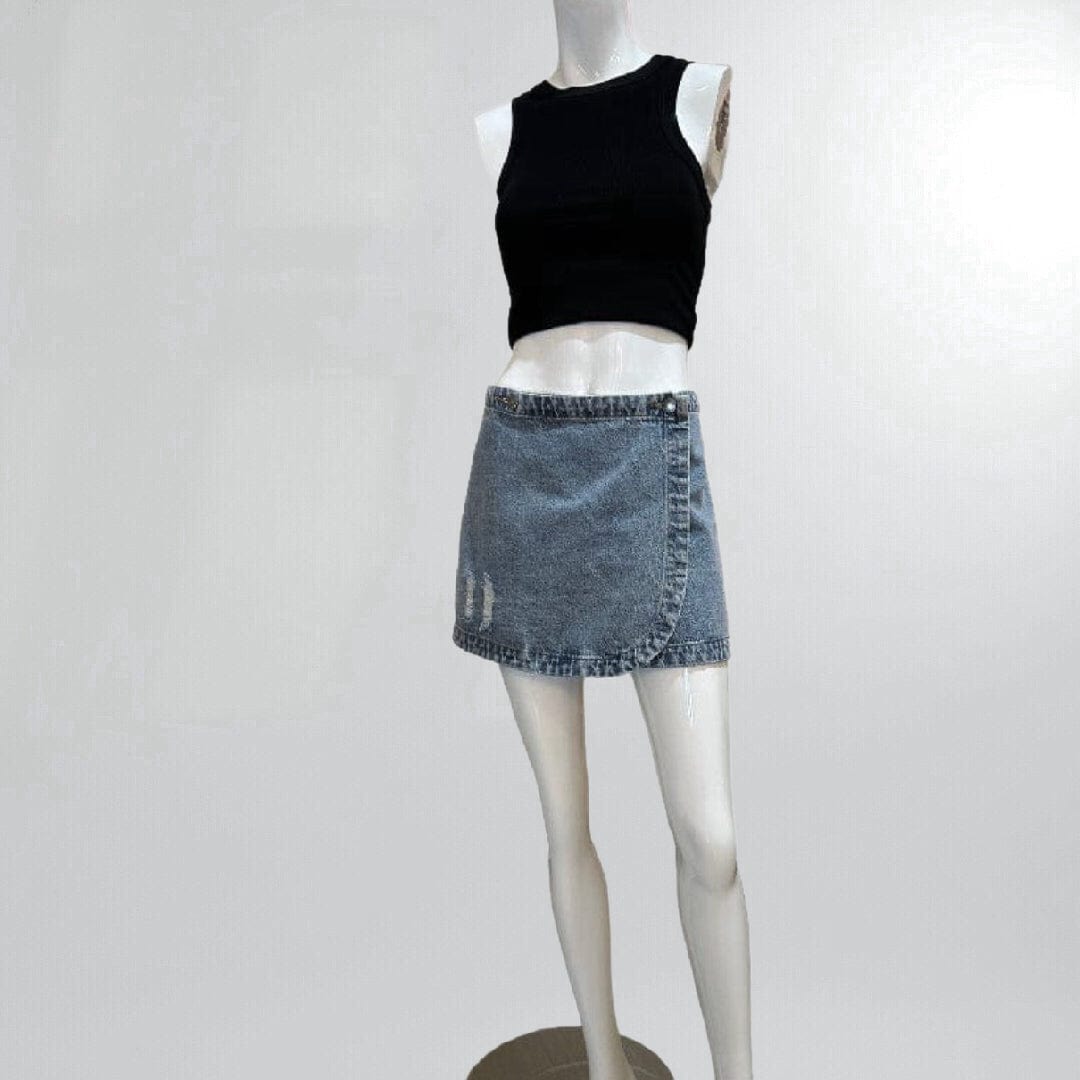 Distressed Faded Denim Wrap Mini Skirt Posh Society Boutique Skirts Visit poshsocietyhb