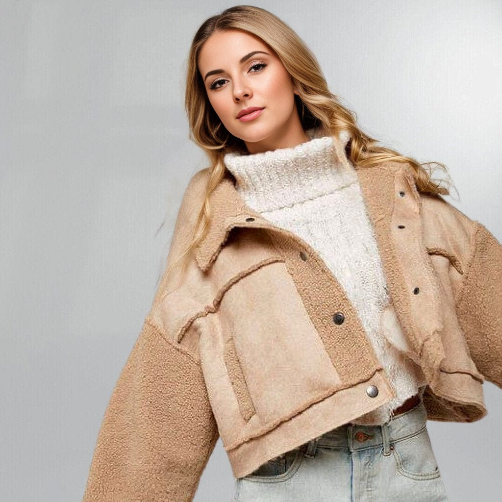 Faux Suede Cropped Sherpa Trucker Jacket (Large) Posh Society Boutique Jackets Visit poshsocietyhb