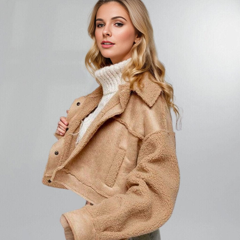 Faux Suede Cropped Sherpa Trucker Jacket (Large) Posh Society Boutique Jackets Visit poshsocietyhb