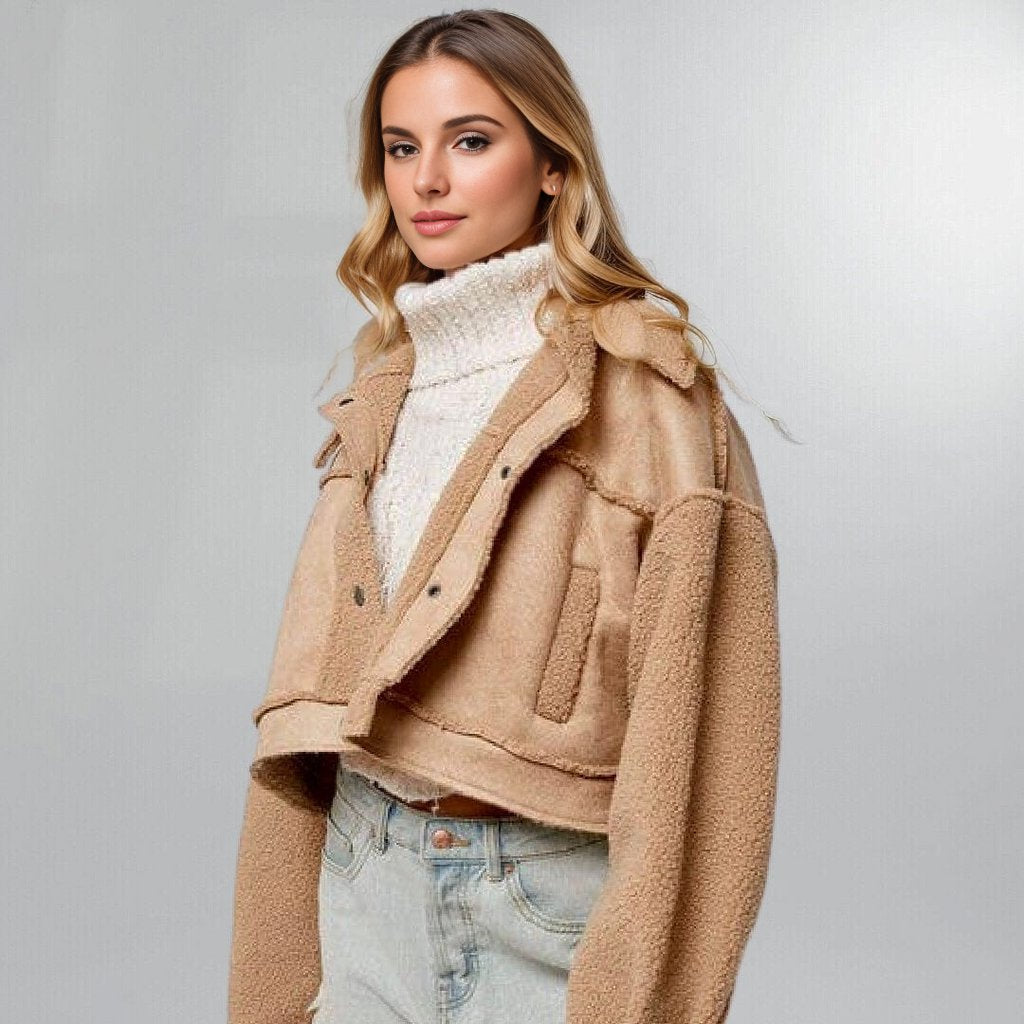 Faux Suede Cropped Sherpa Trucker Jacket (Large) Posh Society Boutique Jackets Visit poshsocietyhb