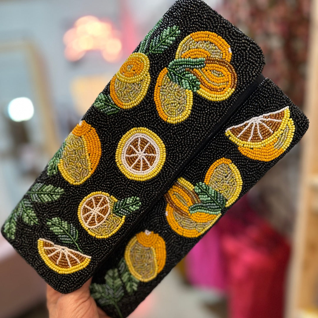 Hand Beaded Black Lemon Clutch Posh Society Boutique Bags Visit poshsocietyhb
