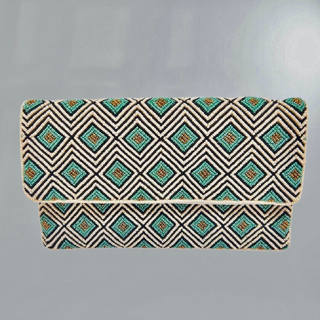 Hand Beaded Bold Geometric Print Clutch Posh Society Boutique Accessories Visit poshsocietyhb