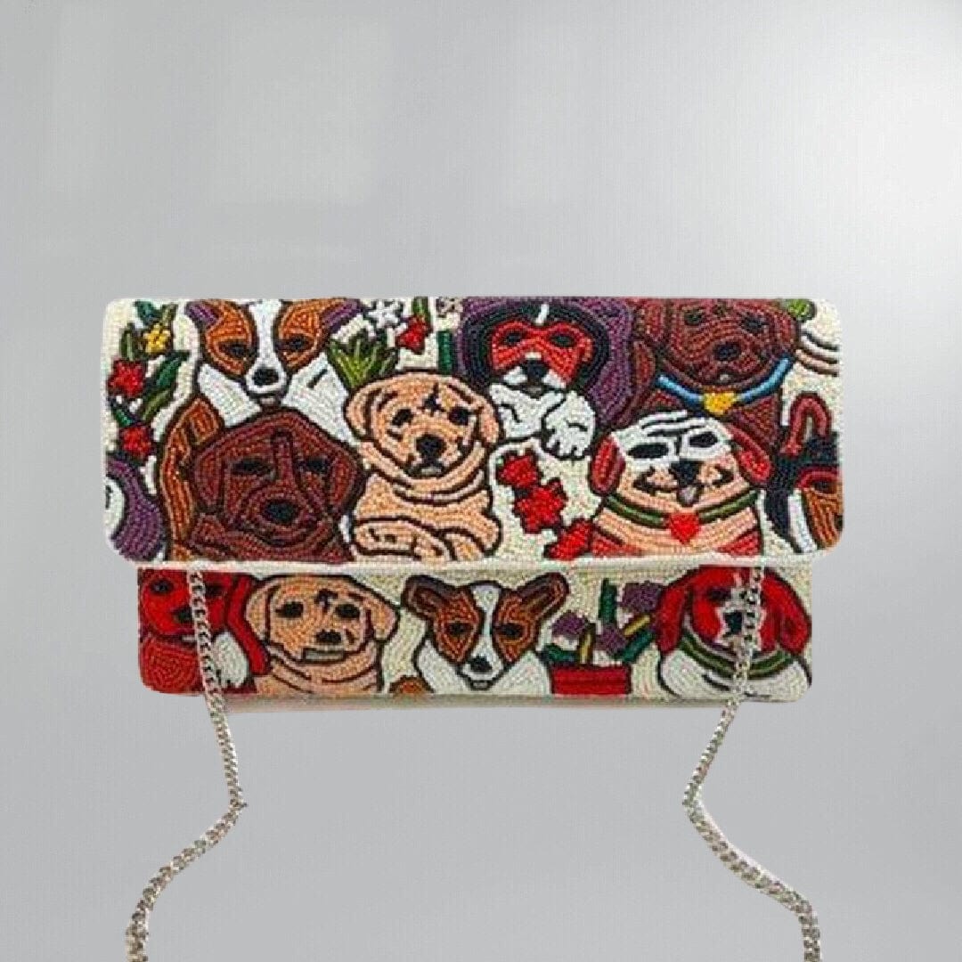 Hand-Beaded Graphic Doggy Print Clutch Posh Society Boutique Bags Visit poshsocietyhb