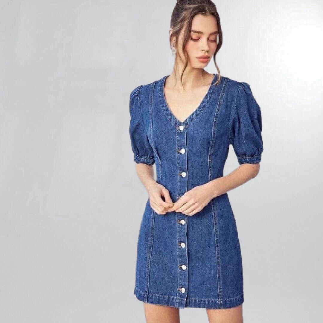 Puffy Sleeve Button-Front Denim Mini Shift Dress