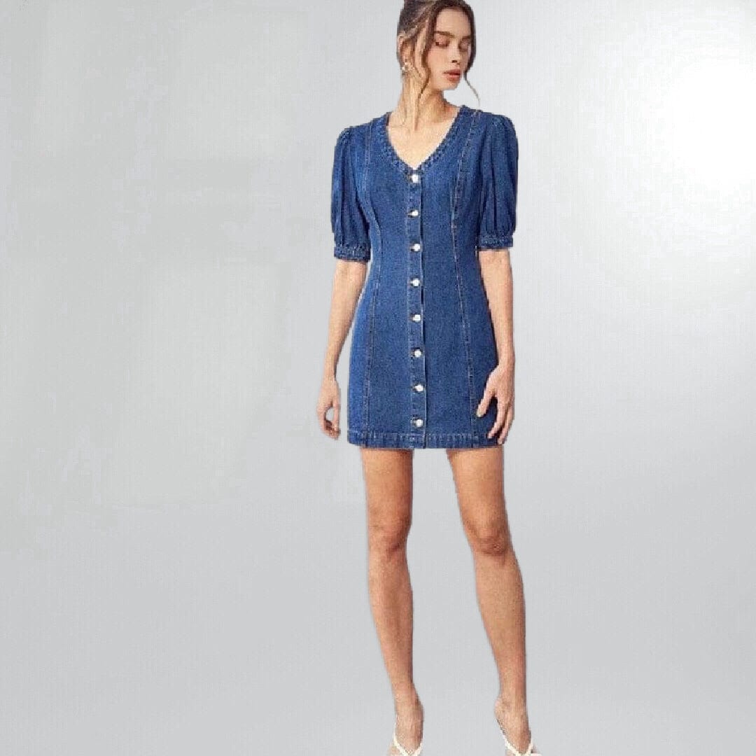 Puffy Sleeve Button-Front Denim Mini Shift Dress