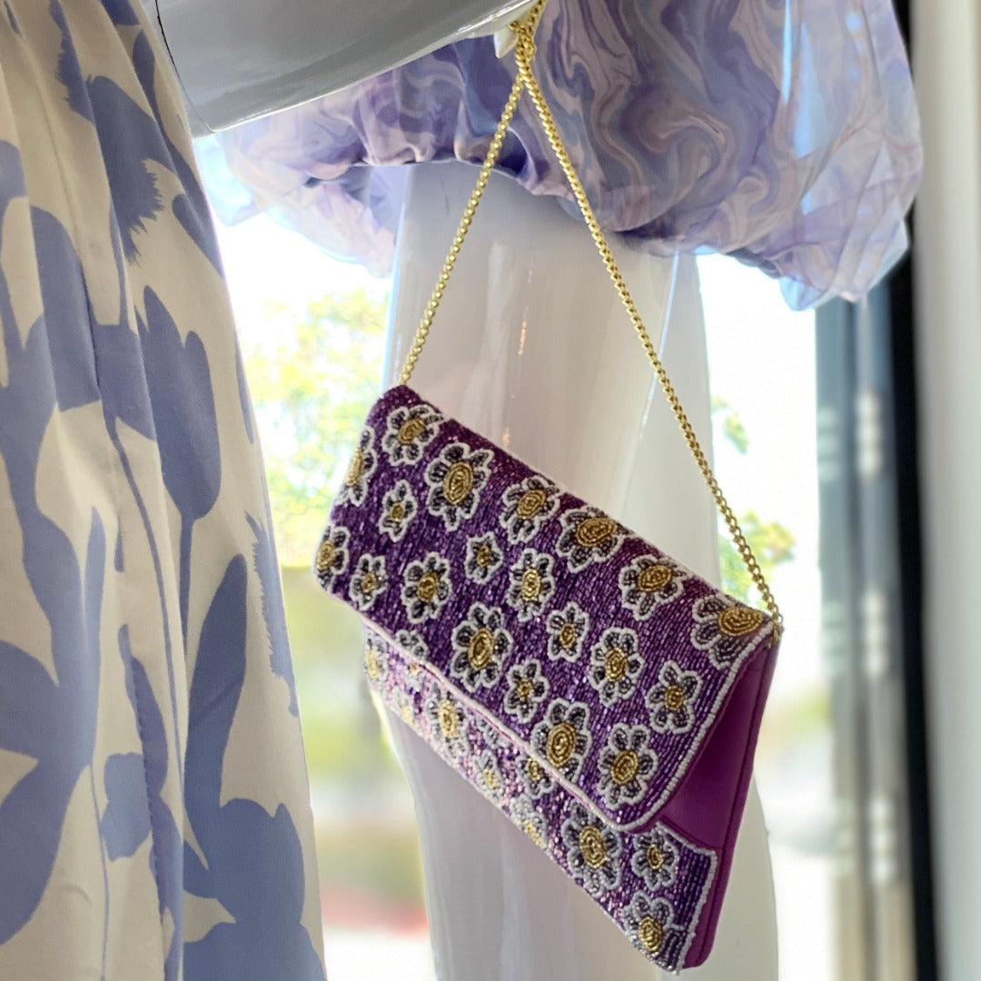 Purple Daisy Beaded Clutch Posh Society Boutique Accessories Visit poshsocietyhb