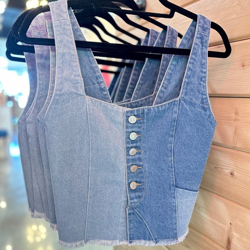 Shades Of Blue Denim Patchwork Crop Top Posh Society Boutique Top Visit poshsocietyhb