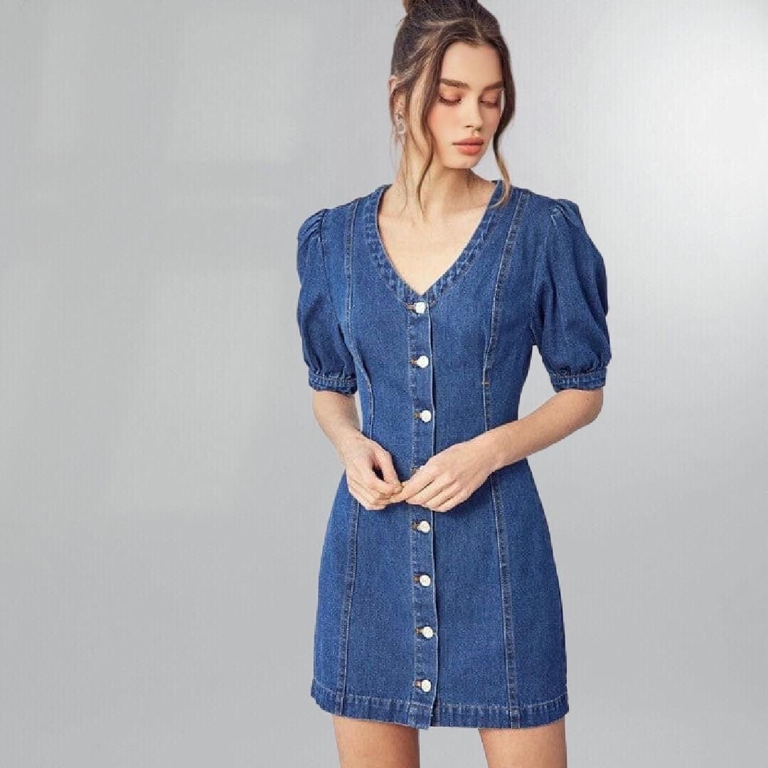 Puffy Sleeve Button-Front Denim Mini Shift Dress