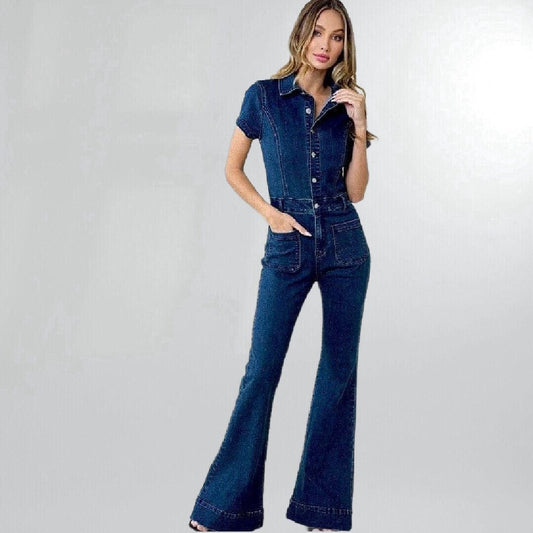 Stretchy Button-Front Dark Denim Bell Bottom Jumpsuit Posh Society Boutique Jumpsuits Visit poshsocietyhb