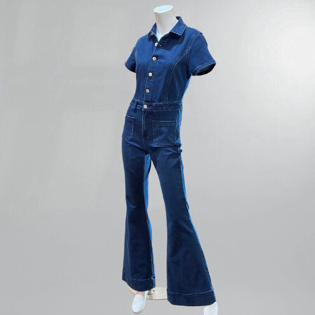 Stretchy Button-Front Dark Denim Bell Bottom Jumpsuit Posh Society Boutique Jumpsuits Visit poshsocietyhb