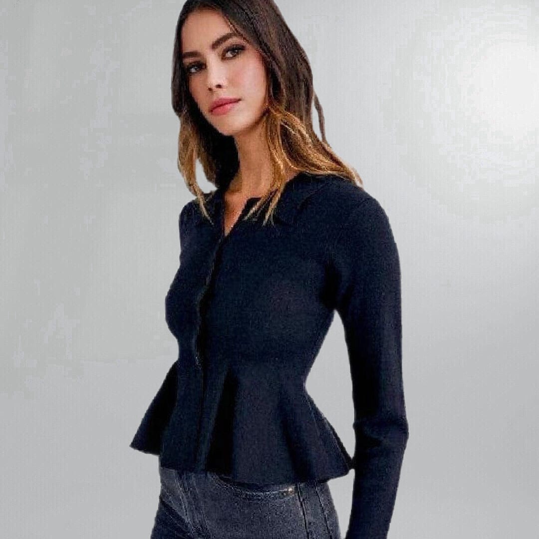 Stretchy Collared Button-Front Peplum Sweater Jacket Posh Society Boutique Sweaters Visit poshsocietyhb