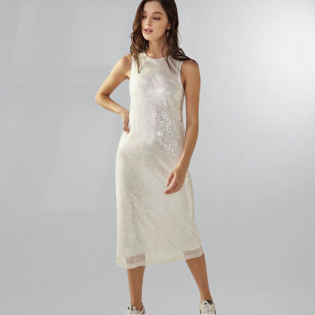 Stretchy White Sleeveless Sequin Sheath Midi Dress Posh Society Boutique Dresses Visit poshsocietyhb