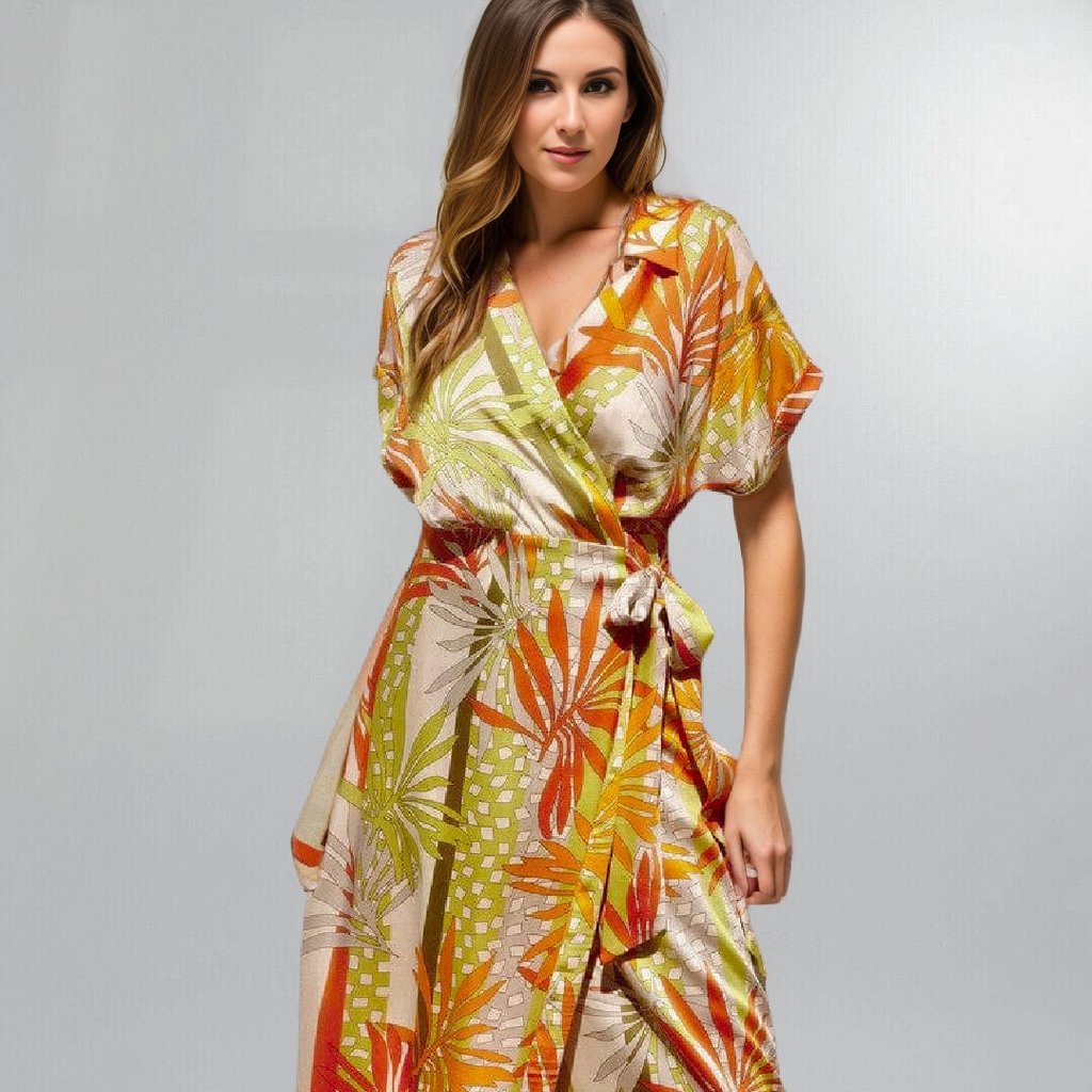 Tropical Surplice Kimono Sleeve Midi Wrap Dress Posh Society Boutique Dresses Visit poshsocietyhb