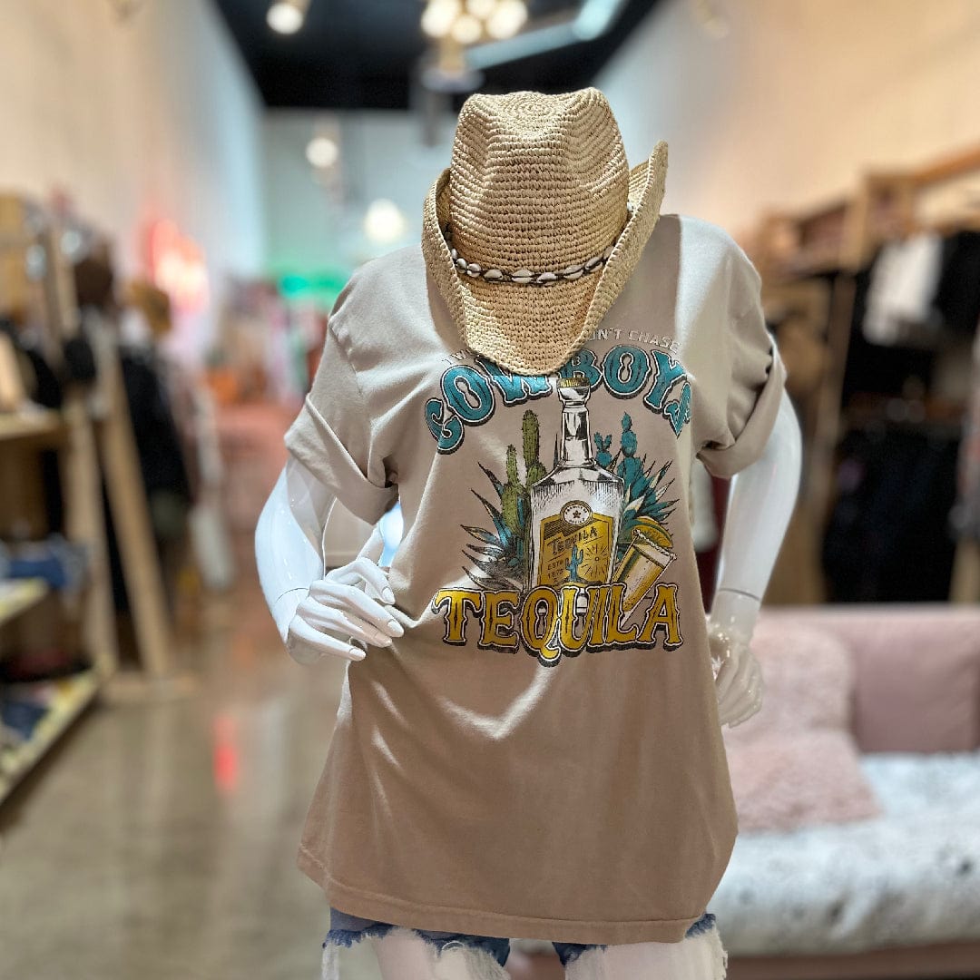 Two Things We Don't Chase Cowboys & Tequila Graphic Tee Shirt Top Posh Society Boutique Top Visit poshsocietyhb