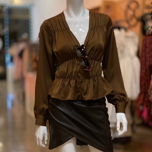 Vegan Leather Ruched Chocolate Skirt Posh Society Boutique Skirts Visit poshsocietyhb