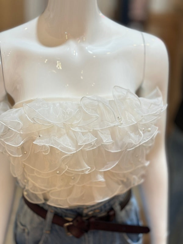White Organza Fluttery Ruffle Top Posh Society Boutique Top Visit poshsocietyhb