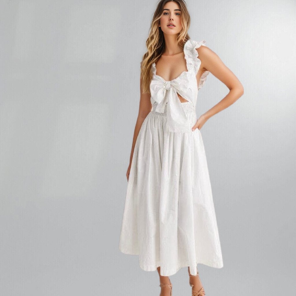 White Poplin Flirty Bow Front Midi Dress Posh Society Boutique Dresses Visit poshsocietyhb